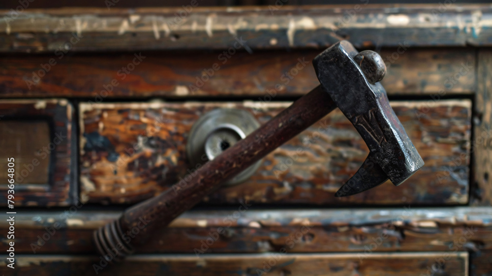 An antique hammer on a dresser