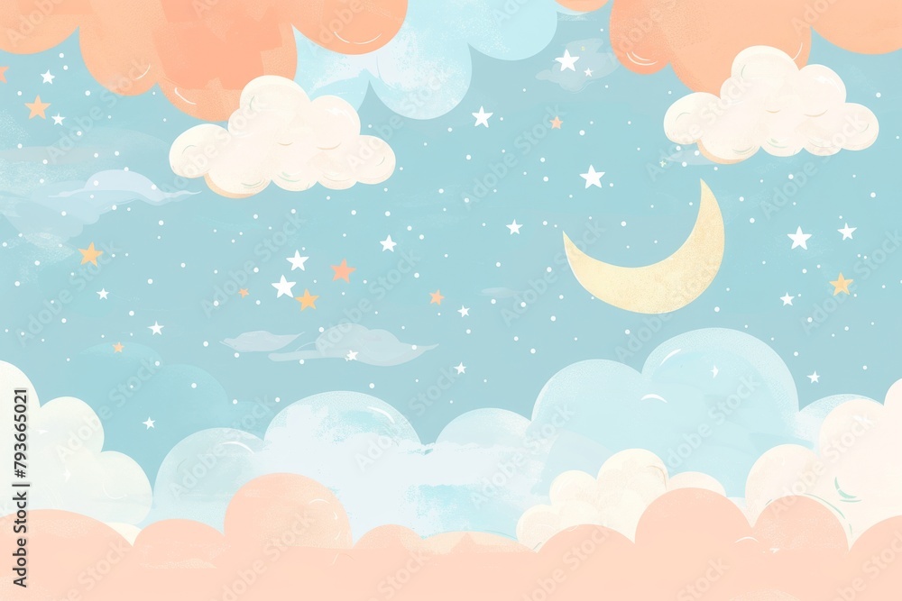 Soft pastel background with dreamy clouds and twinkling stars, perfect for a lullaby-themed nursery