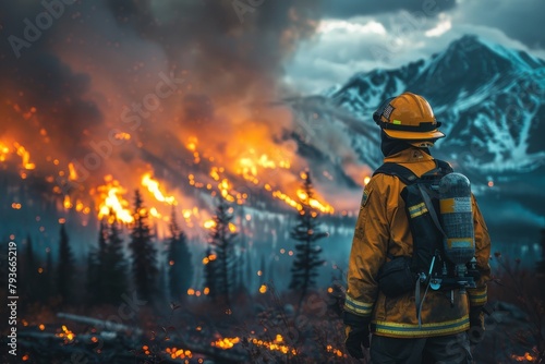 Brave firefighter facing wildfire disaster