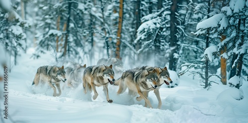 Pack of wolves running through a snow-covered forest.