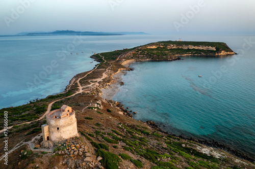 Capo San Marco drone aerial view with San Giovanni di Sinis tower photo