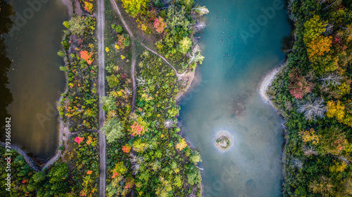 Autumn Aerial, Vibrant Forest Path Between Twin Lakes photo