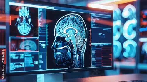 computer screen presents a detailed visual representation of a brain scan, Artificial intelligence analyzing a brain scan photo