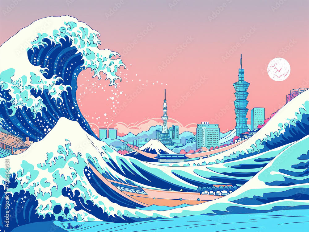 The Great Wave Reimagined: Shiba Surfer with Line Art and Modern City Background in Flat Colors