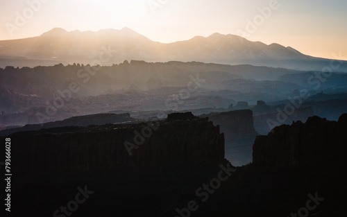 Sunrise over the La Sal Mountains and desert of Moab Utah photo