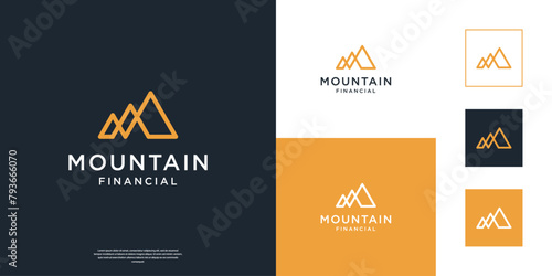 Minimalist mountain and financial symbol logo design with line art style.