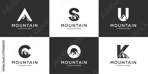 Set of mountain logo with creative alphabet symbol logo design