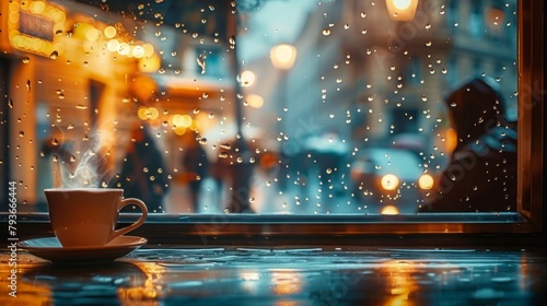 cozy coffee shop window with warm light spilling out onto a rainy street. person sits inside with a steaming cup, peering out through the rain-streaked glass.