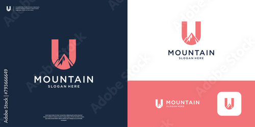 Letter U with abstract mountain logo design template.
