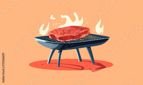 A cartoon of a steak on a grill with flames coming out of it