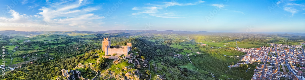 Panoramic view of Burguillos del Cerro castle. Panoramic view of Burguillos del Cerro castle.