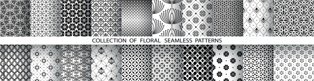 Naklejka premium Geometric floral set of seamless patterns. White and black vector backgrounds. Damask graphic ornaments.