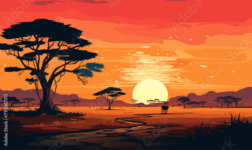 A beautiful sunset over a savanna with a tree in the foreground