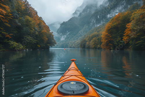 Kayak on the water copy space,
Scenic beauty Kayaking on a serene lake with majestic mountains in the background creating a pictu
 photo