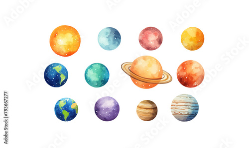 Watercolor vector illustration planet galaxy universe solar system stars set clipart sketch Mercury Venus Earth Mars Jupiter Saturn Uranus Neptune