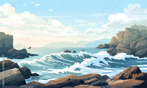 rocky coastline with crashing waves vector simple isolated illustration