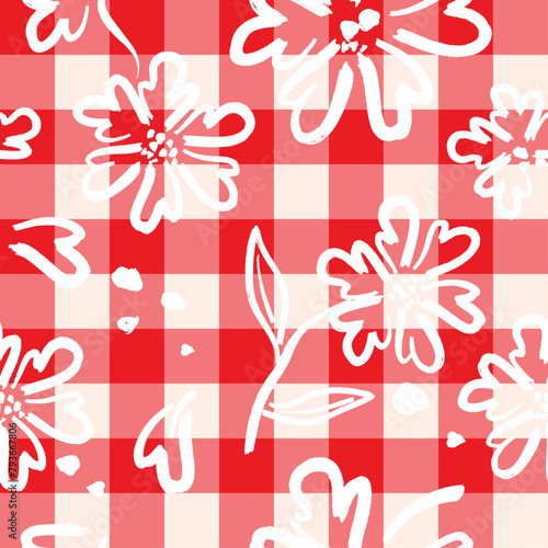 Wallpaper Mural White Line Flower Hand Draw Doodle Art On Check Red Vector illustration Seamless Pattern, Tablecloth Design Art, Flower Background Wallpaper Torontodigital.ca