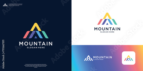 Colorful mountain logo design with letter A arrow symbol.