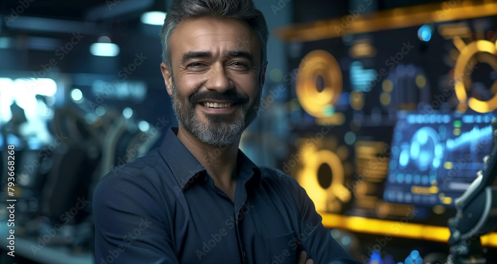 A confident engineer with a welcoming smile stands in a high-tech robotics automation laboratory.
A confident engineer with a welcoming smile stands in a high-tech robotics automation laboratory.