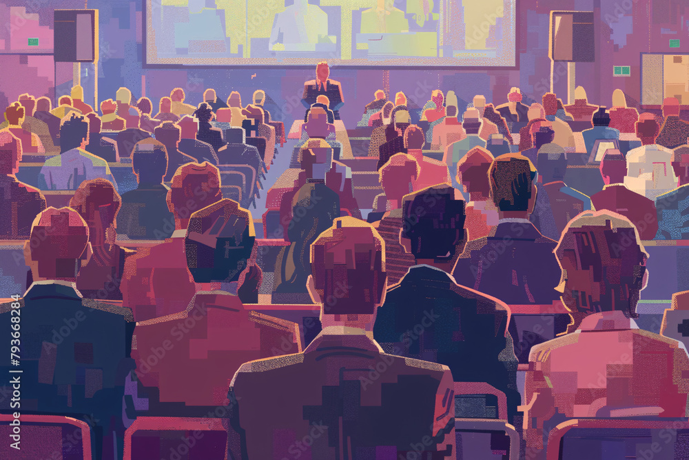People in a conference hall attentively looking at a speaker - obrazy, fototapety, plakaty 