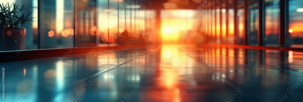 Fototapeta premium A hallway with a sun shining through the windows by AI generated image