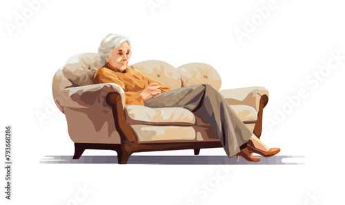 Old woman sitting on sofa isolated vector transparent background -