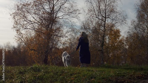 Person walks pet on leash on an autumn day in park. Caucasian adult 30-35 female playing with white poodle outside. happy woman is having fun with an animal. Friendship between humans and animals