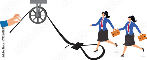 Trap and trap, big hand holding a lasso waiting for the person running inside the trap, business financial scam or fraudulent marketing, inducement consumption
