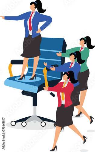 Leader manager standing on red office chair and giving command, group team work together to raise office chair, hierarchy leader and team group members, corporate culture and business concept illustra