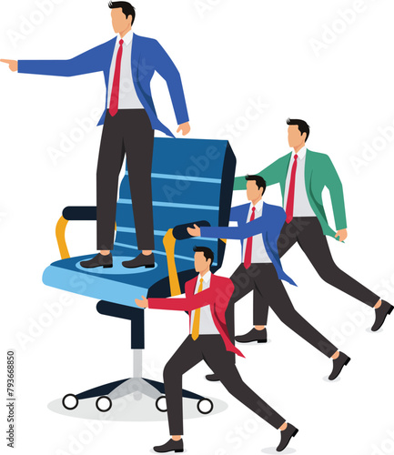 Leader manager standing on red office chair and giving command, group team work together to raise office chair, hierarchy leader and team group members, corporate culture and business concept illustra