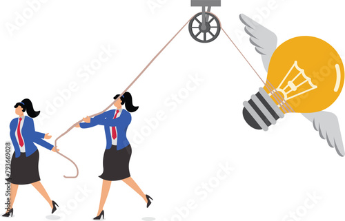 Business team work together to fly huge light bulb, innovative ideas and ideas help team to be successful, innovative business solutions