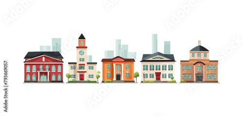 A row of buildings with a clock tower in the middle