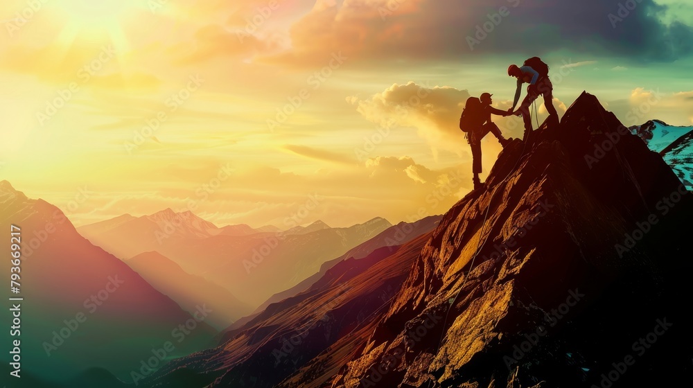 photo capturing two individuals ascending the steep face of a towering mountain, An image of a supportive friend assisting in a mountain climb photo capturing two individuals ascending the steep face of a towering mountain, An image of a supportive friend assisting in a mountain climb