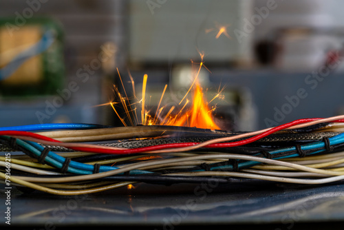 Flames, sparks, smoke between electrical cables, closeup. Short circuit in the twisted wires from the electrical devices, fire hazard concept