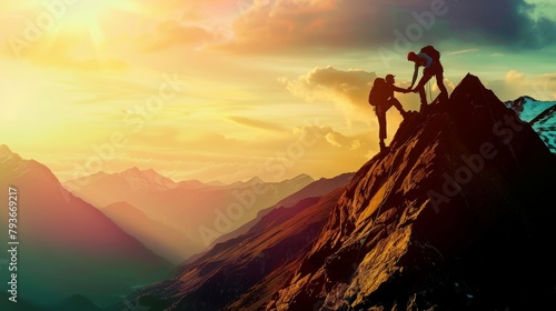 photo capturing two individuals ascending the steep face of a towering mountain, An image of a supportive friend assisting in a mountain climb