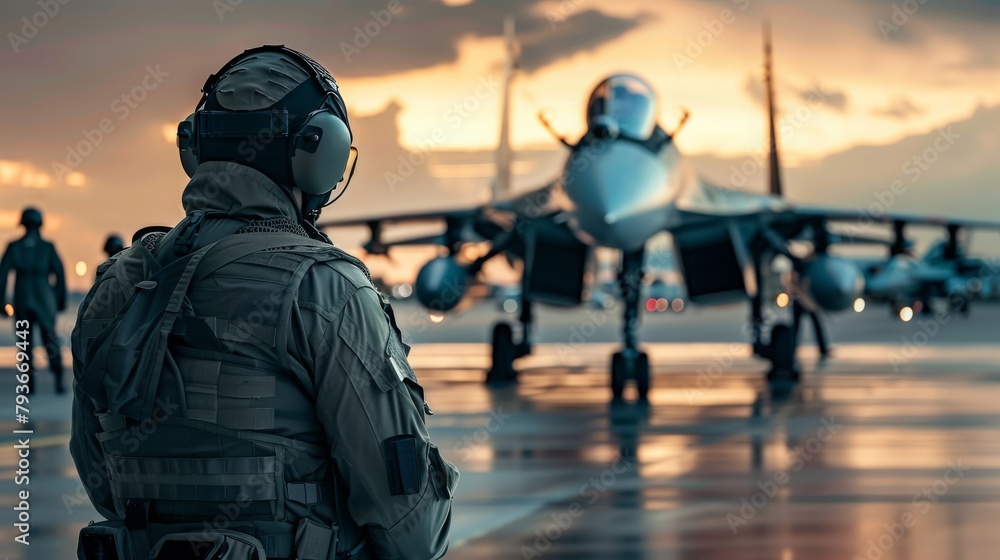 powerful fighter jet is parked on the airport tarmac, showcasing its imposing presence, Pilot preparing to board a high-speed interceptor jet powerful fighter jet is parked on the airport tarmac, showcasing its imposing presence, Pilot preparing to board a high-speed interceptor jet
