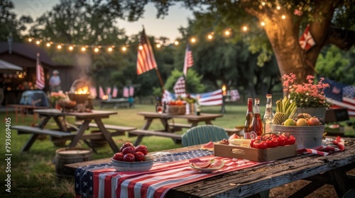 Picnic Table With an American Flag Table Cloth, memorial day barbecue celebration in a backyard decorated with American flags