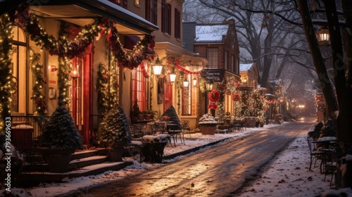 A snowy street adorned with twinkling Christmas lights and festive decorations, creating a magical holiday scene
