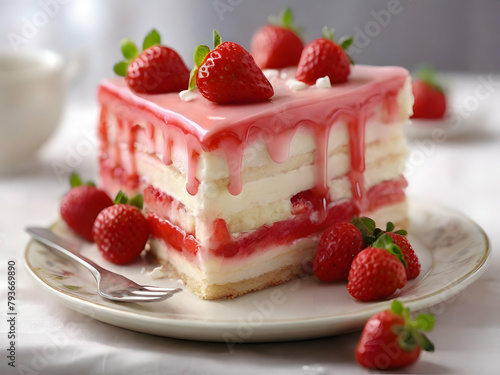 an realistic photogragh of a piece of exciting strawberry cake Ai generative