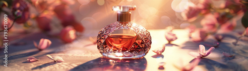 Elegant 3D vector illustration of a glass perfume bottle, soft backlight, luxury and beauty concept photo