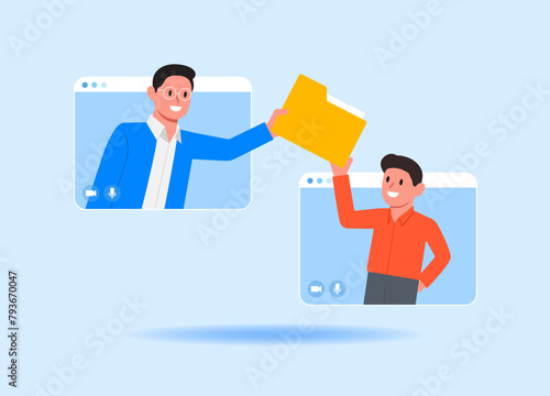 Colleagues sharing materials. Leader send file to team member. Boss assignment. Video call conference, working from home, social distancing. Modern vector illustration in flat style.