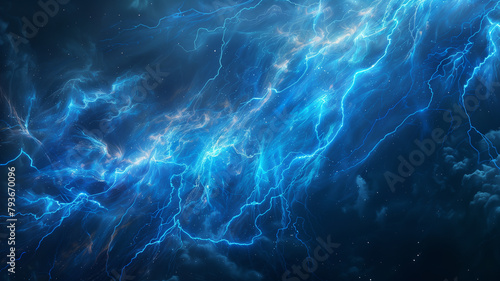 Ethereal cosmic landscape with radiant blue lightning tendrils across the night sky, Concept of celestial phenomena, energy in the cosmos, and astronomical wonders