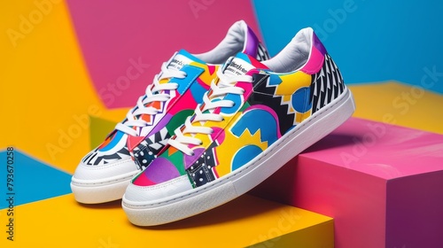 A pair of sneakers with a vibrant Memphis-inspired pattern AI generated illustration