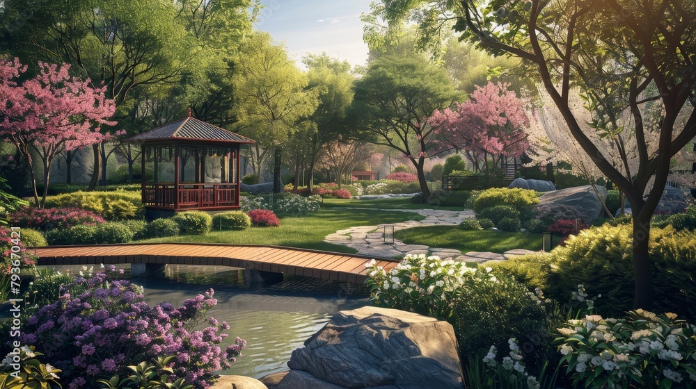 A picturesque 3D rendering of a peaceful garden  AI generated illustration