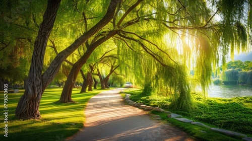 winding path meanders through a park, flanked by a row of stately trees, pathway enveloped by weeping willow trees in a park photo