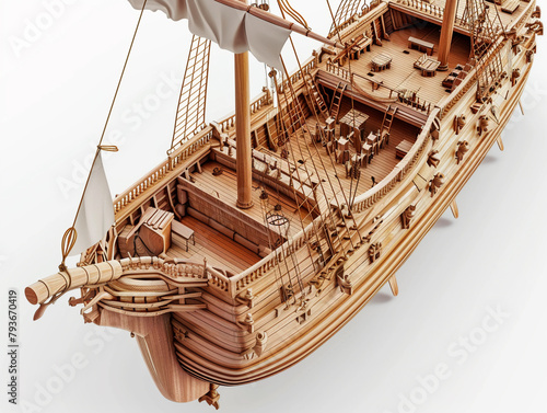 Detailed 3D vector of a wooden sailing ship model, historic and exploration theme, crafted with precision photo