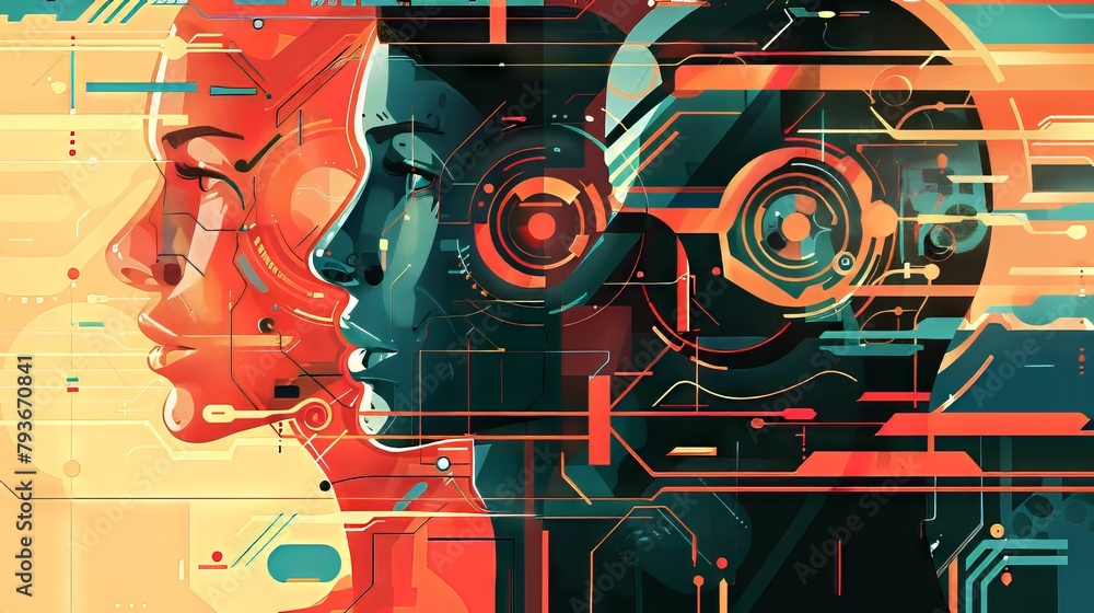 Abstract illustration depicting the ethical implications of AI technology on human society