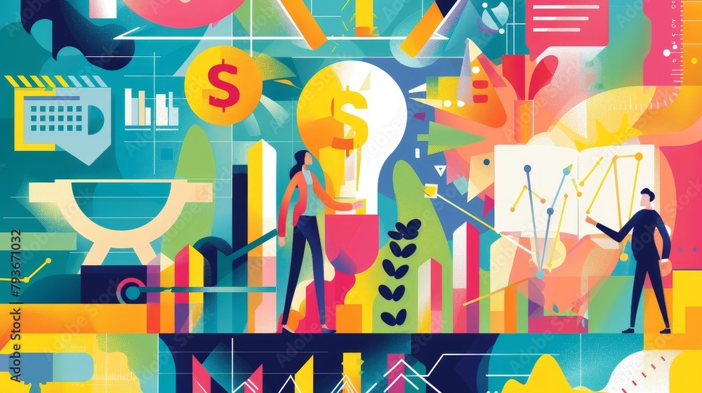 Obraz premium A playful interpretation of a successful business concept with colorful illustrations AI generated illustration