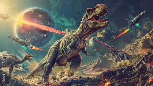 A playful depiction of a team of dinosaurs armed with laser guns defending the earth  AI generated illustration photo