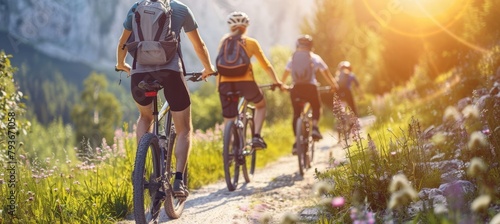 Group of cyclists riding together on a scenic gravel road in a picturesque countryside setting © Ilja